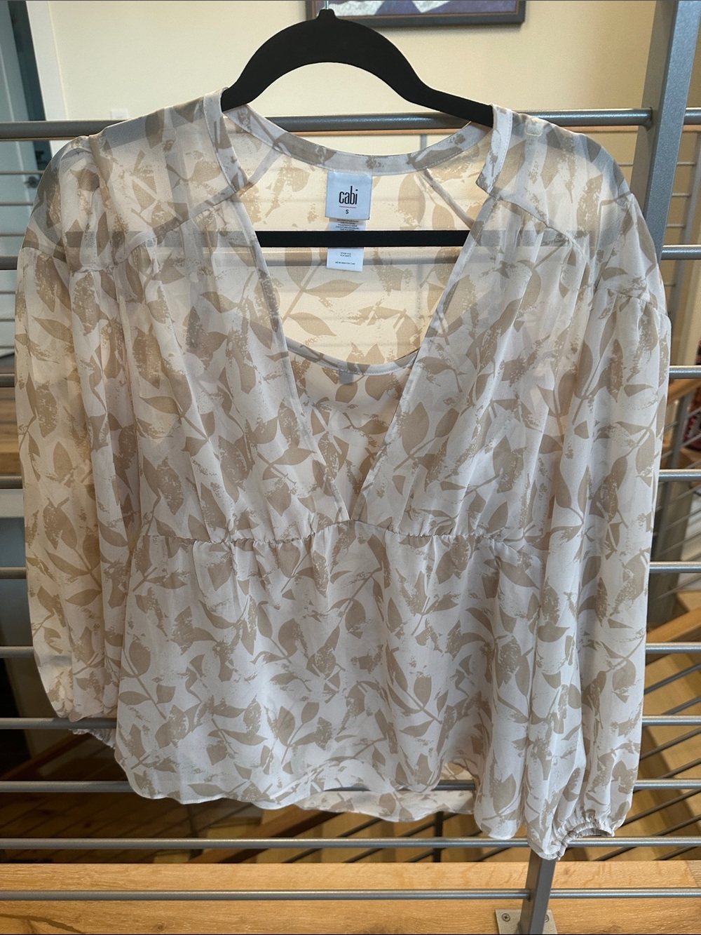 CAbi Cream & Beige Leaf Print V-Neck Blouse